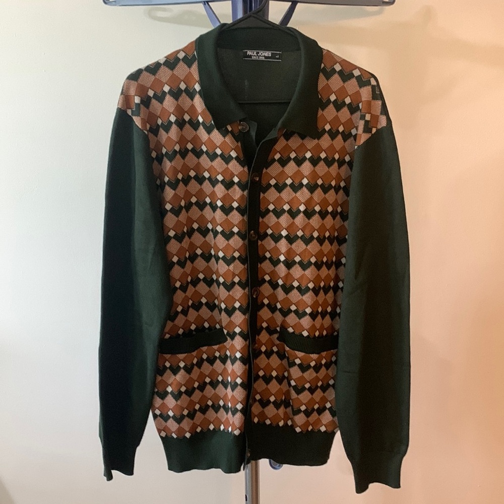 Men's Green and Brown Cardigan Sweater